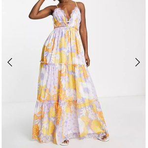 ASOS DESIGN button tiered lace trim maxi dress in floral print